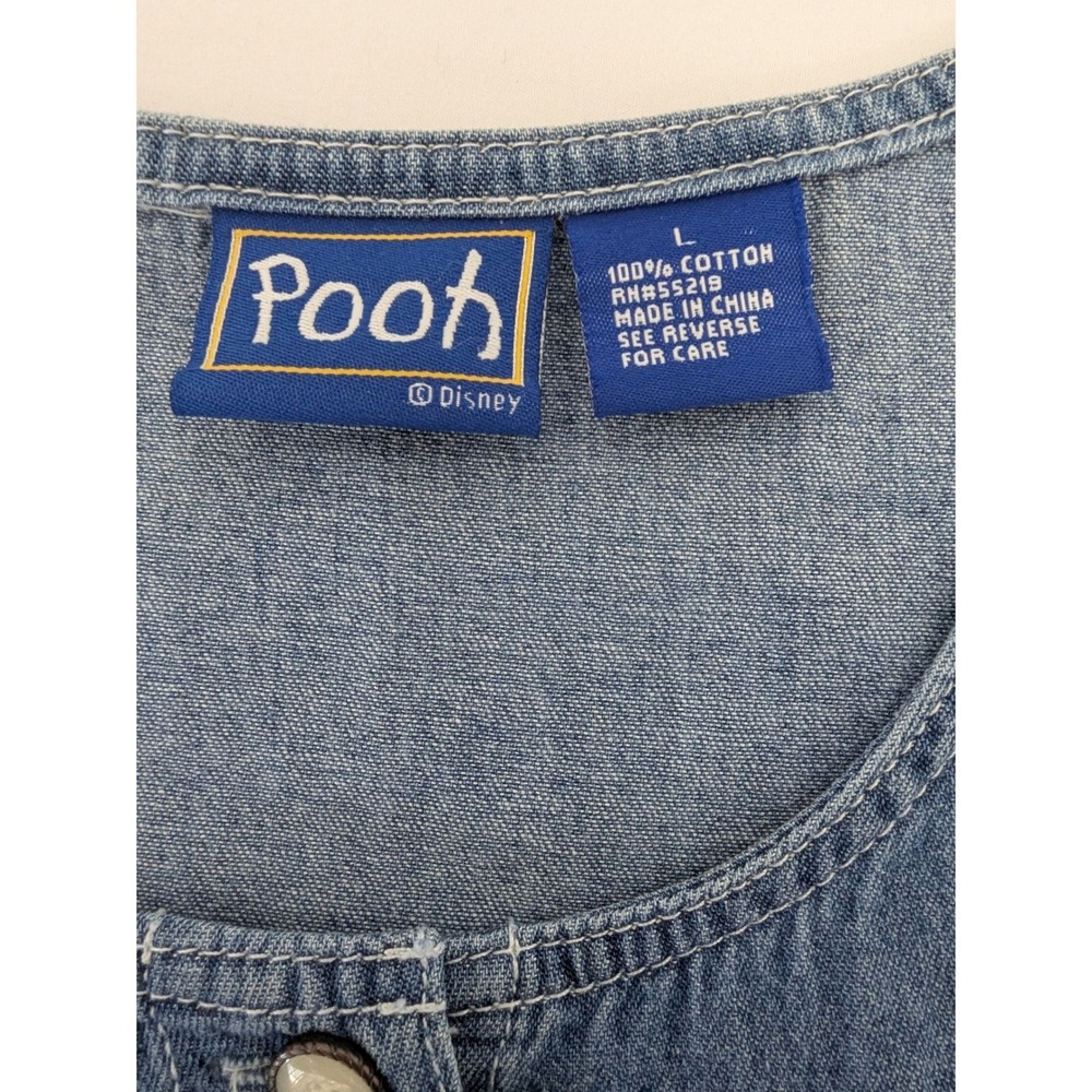 Disney Pooh Vintage 90s Blue Denim Button Front Embroidered Jumper Dress Large - Picture 7 of 9